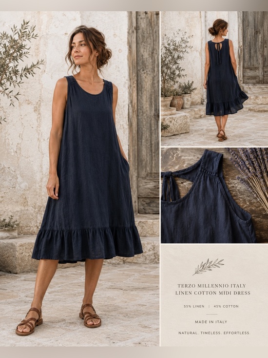 Terzo Millennio Dresses & Skirts - Terzo Millennio Italy Linen Cotton Midi Dress – Navy Blue – Size Large